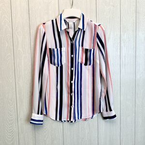 White House Black Market Long Sleeve Soft Shirt Blue Pink Stripe 00 NWT